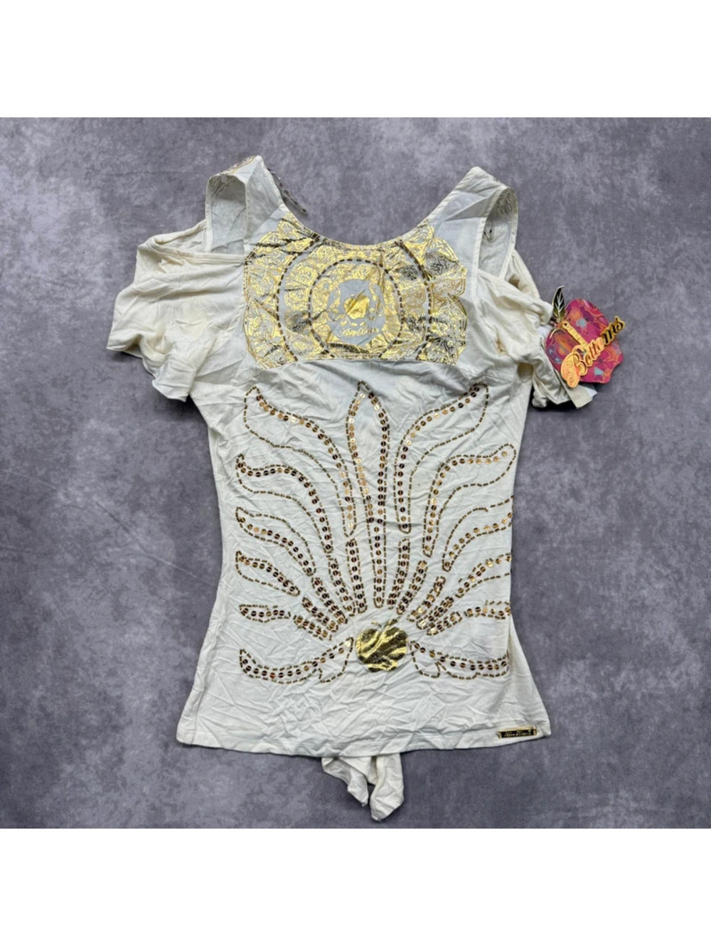 Vintage Y2K Apple Bottoms Cream Gold Foil Beaded Cold Shoulder Top Small NWT